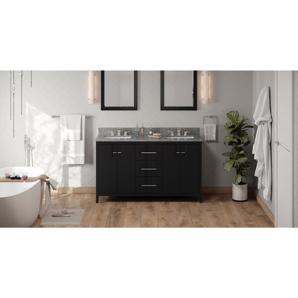 Jeffrey Alexander 60In. Black Katara Vanity, Dbl Bowl, Boulder Cultured Marble Vanity Top, 2 Undrmnt Rctngl Bowls VKITKAT60BKBOR - main